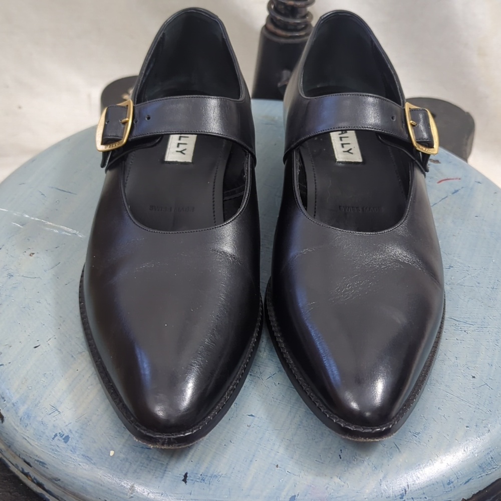 Bally Black Leather Mary Jane Flats with Gold Buckle
